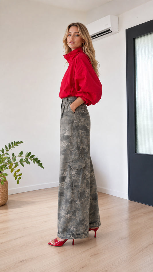 Side view of model showing wide-leg profile and side cargo pocket in grey camo