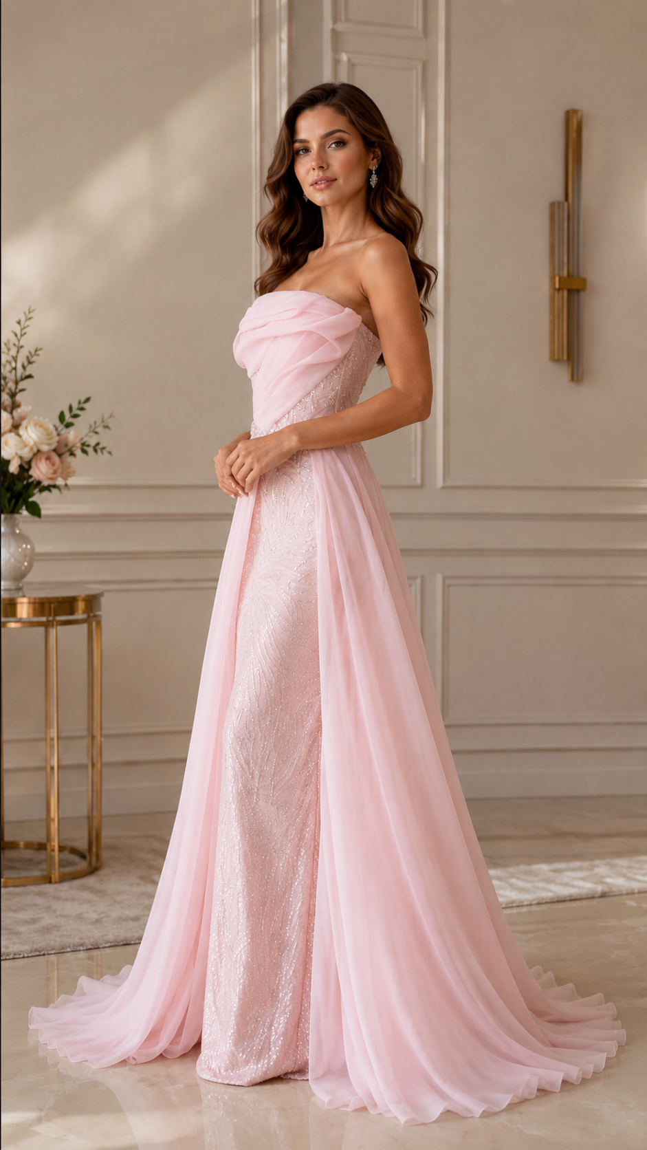 Side view of blush pink formal gown with fitted silhouette and cascading overskirt