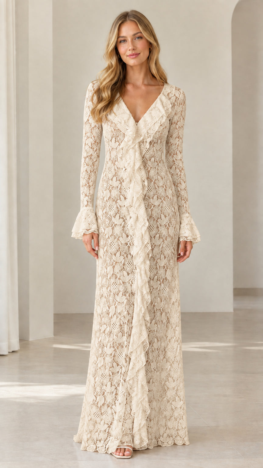 Full-length view of champagne beige floral lace V-neck maxi dress