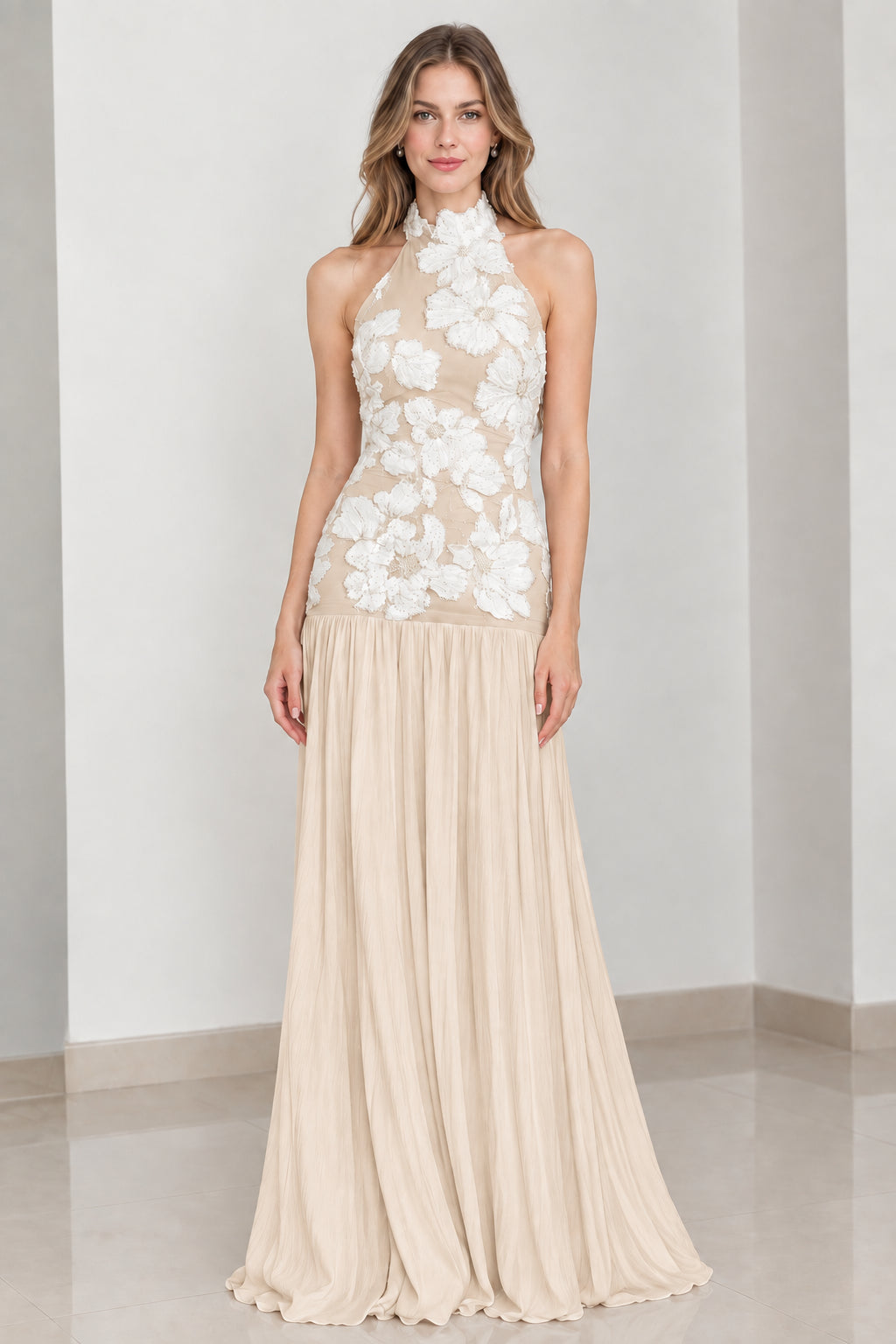 Champagne beige floral embroidered halter neck pleated evening gown