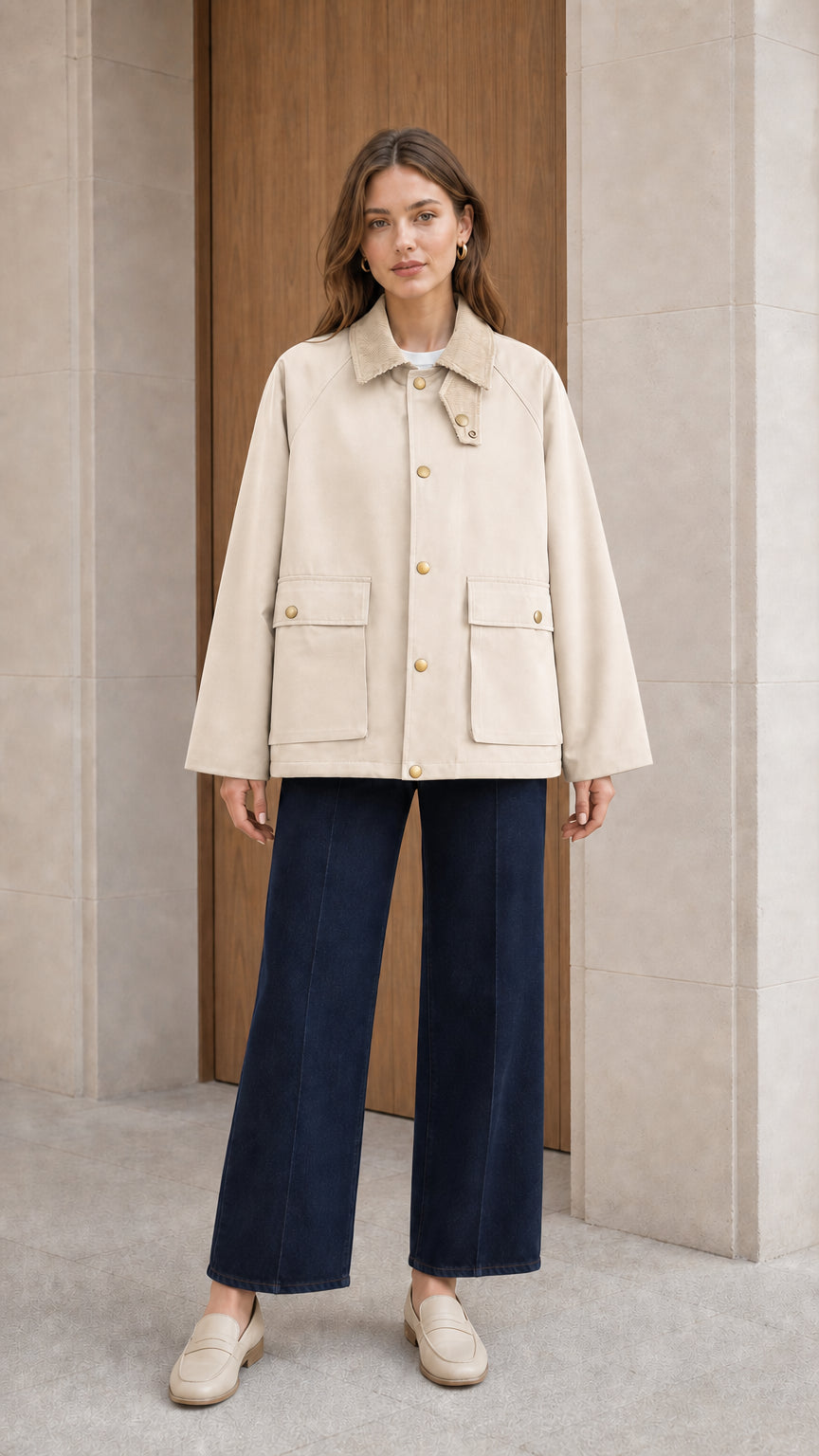 Full body view of model wearing cream off-white corduroy collar utility jacket