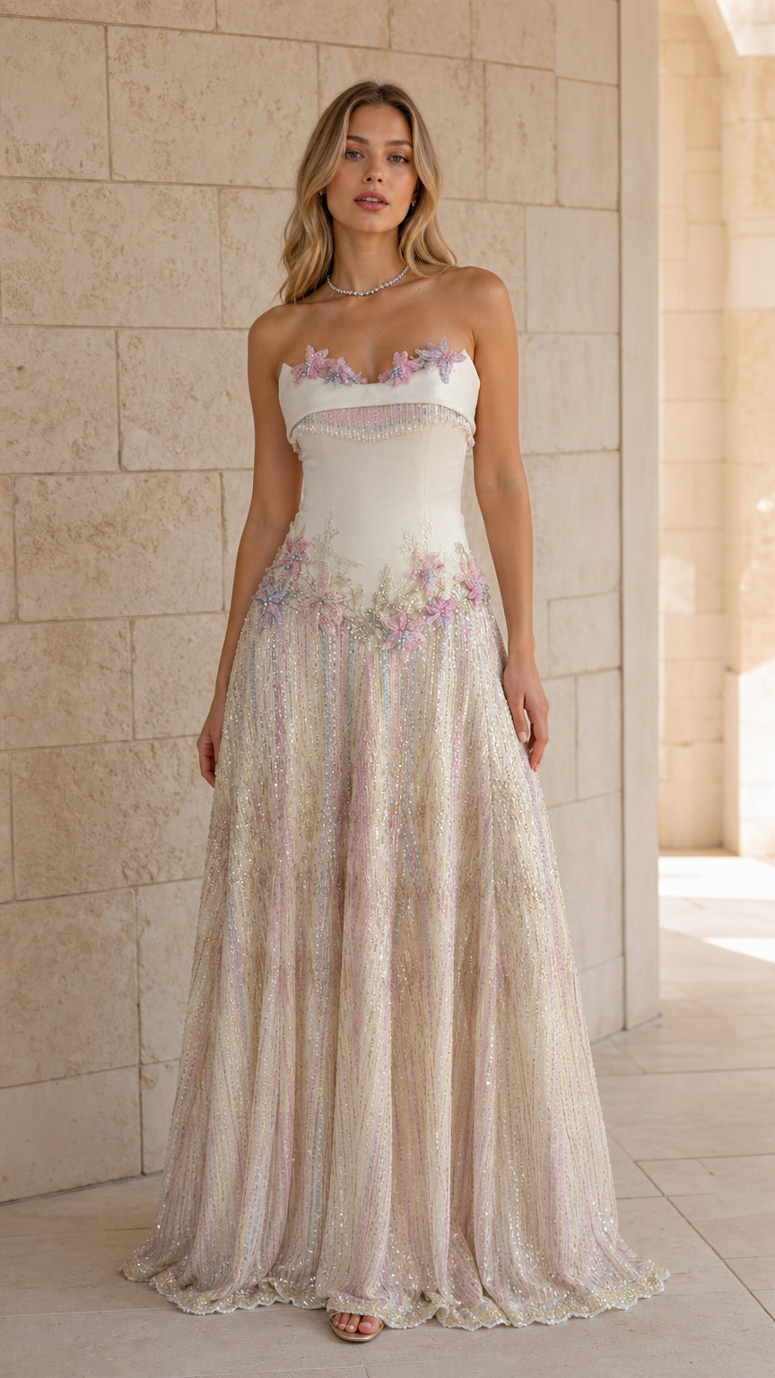 Front view of white strapless floral sequin evening dress