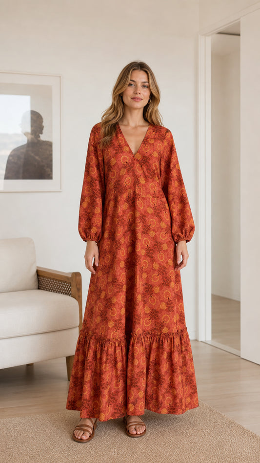 Front view of model wearing rust floral print long sleeve tiered maxi dress
