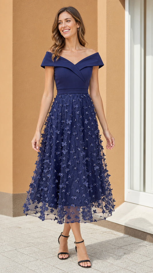 Front view of model wearing Navy Blue off-shoulder 3D floral midi dress