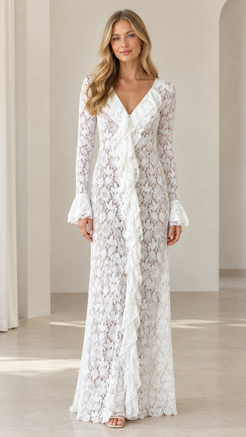Front view of woman wearing white floral lace V-neck ruffle maxi dress