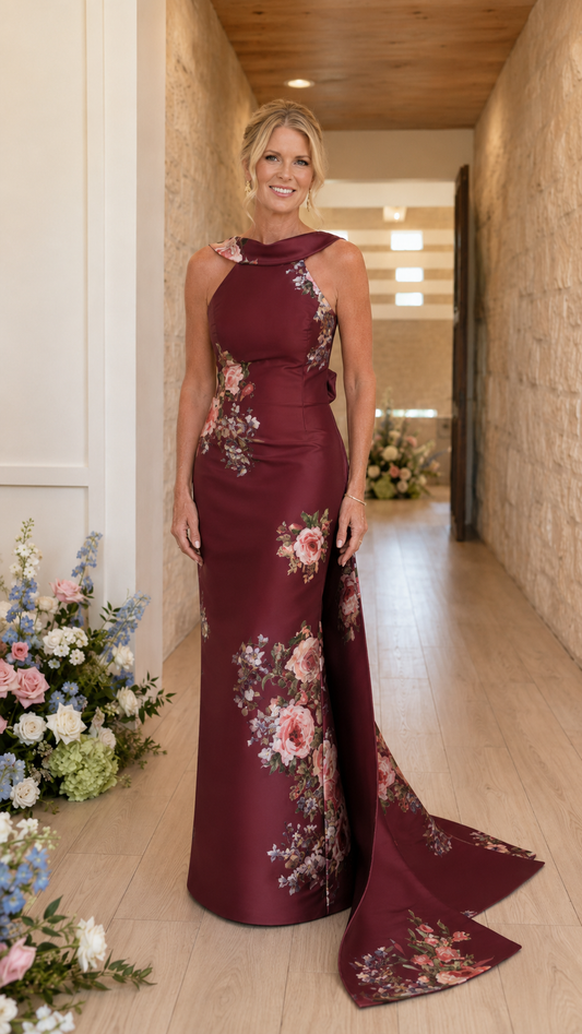 Burgundy floral print halter mermaid gown with sweep train front view