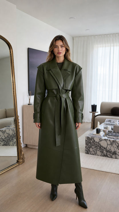 Front view of woman wearing olive green faux leather long trench coat