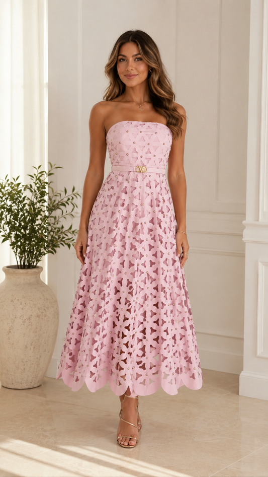 Front view of blush pink strapless cutout lace midi dress with scalloped hem