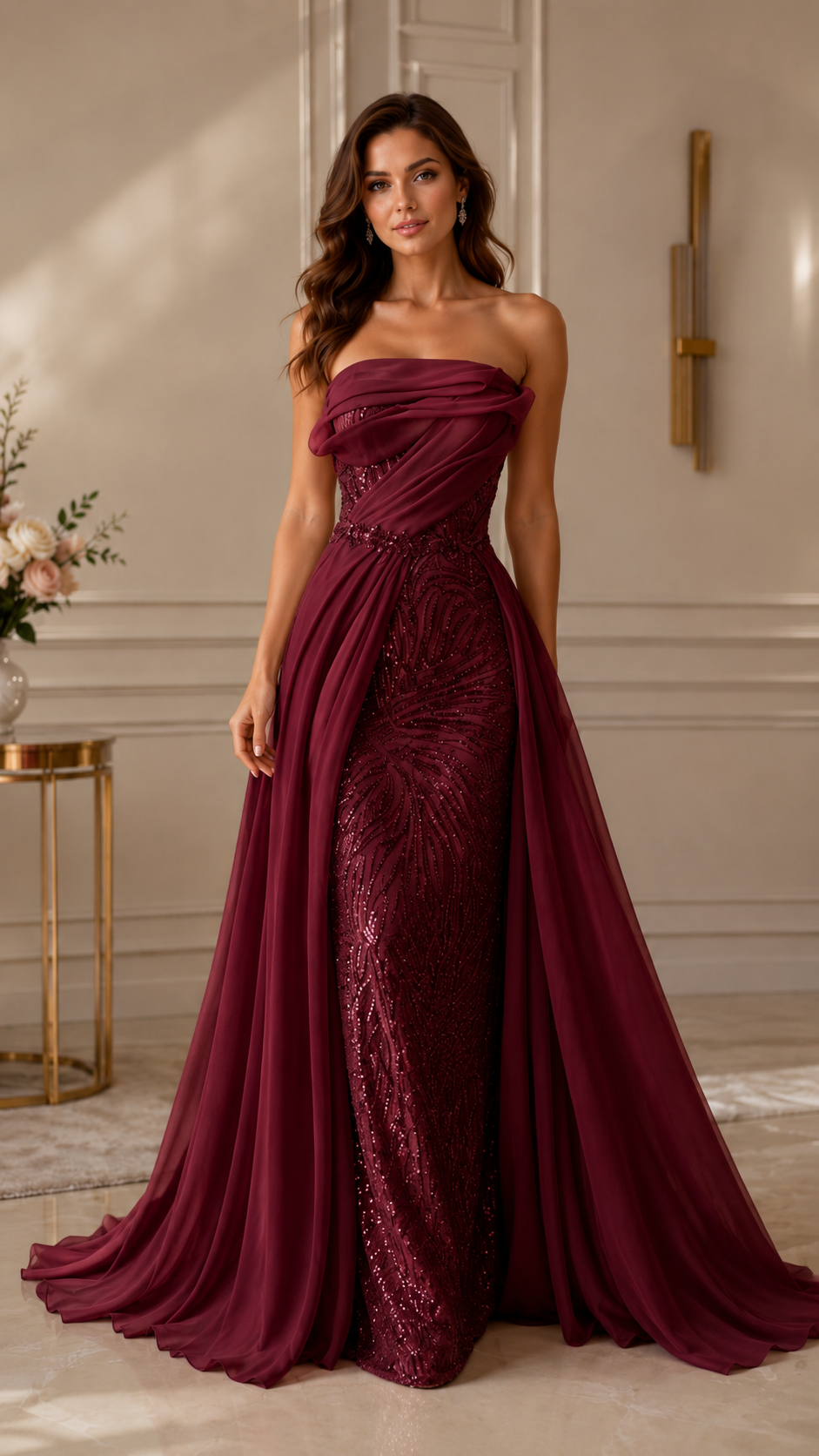Wine strapless evening gown with draped bodice, sequin skirt, and flowing overskirt front view