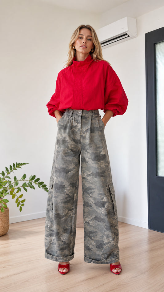 Full front view of model wearing grey camo high-waisted wide-leg cargo pants with a red top