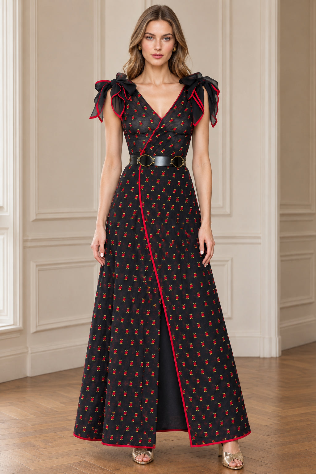 Front full view of black floral print V-neck maxi dress with red trim and bow shoulders