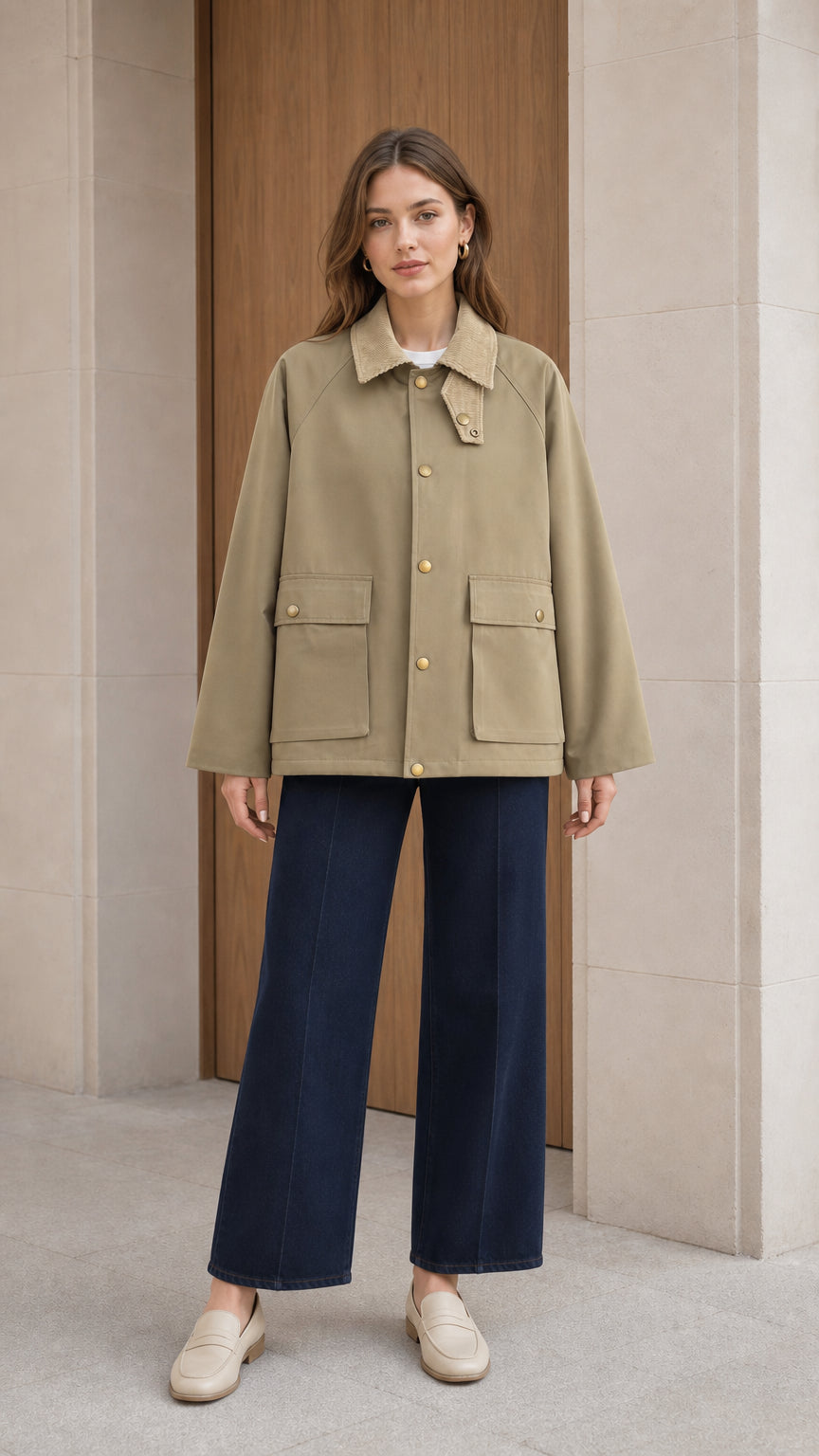 Front view of woman wearing olive khaki corduroy collar barn jacket with navy trousers