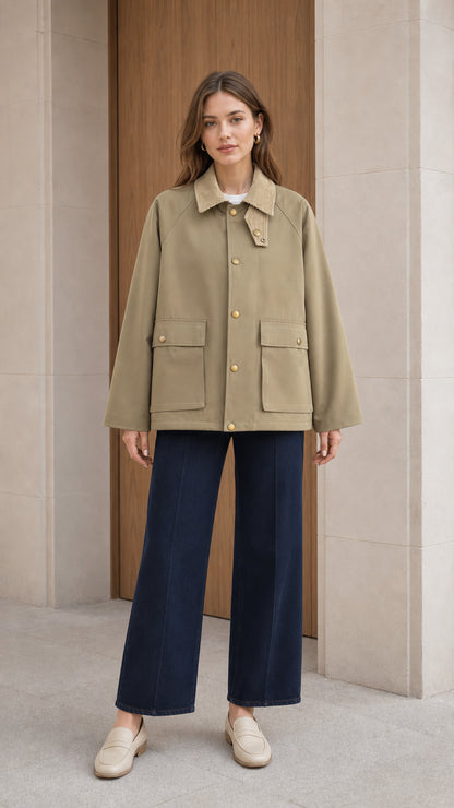 Front view of woman wearing olive khaki corduroy collar barn jacket with navy trousers