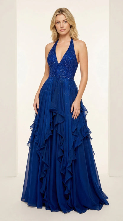 Front view of Royal Blue halter V-neck beaded tiered ruffle evening gown