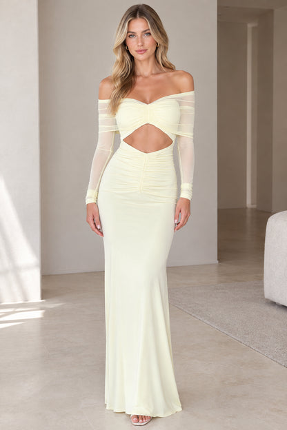 Butter yellow off-the-shoulder cutout long sleeve maxi dress front view