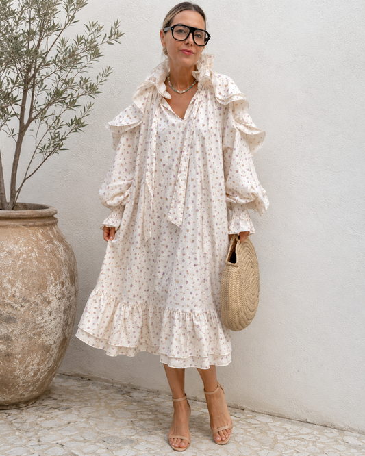 Front view of cream floral ruffle collar puff sleeve midi dress