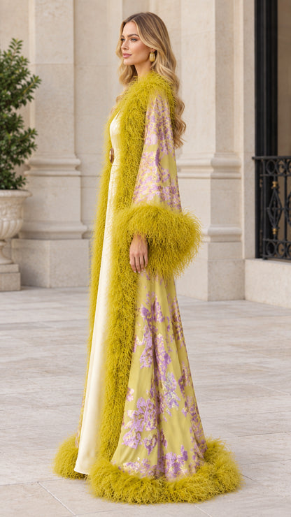Side profile of chartreuse yellow floral jacquard evening robe with feather hem