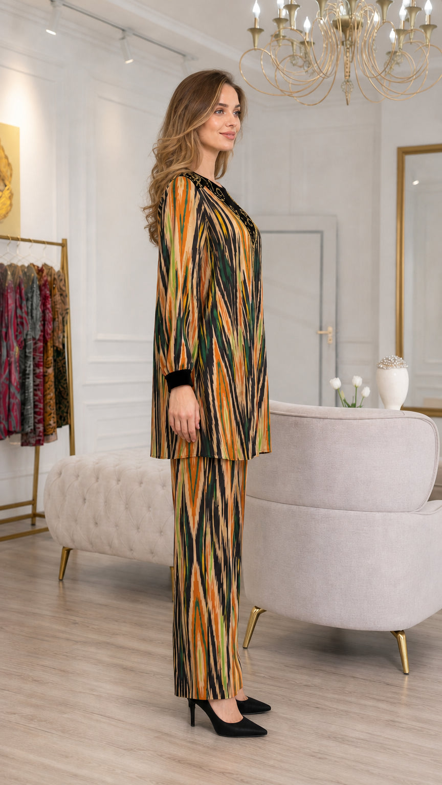 Side profile view of Amber Multi two-piece tunic and trouser outfit