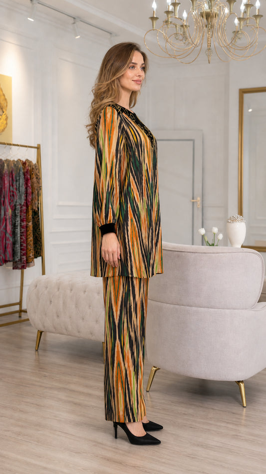 Side profile view of Amber Multi two-piece tunic and trouser outfit