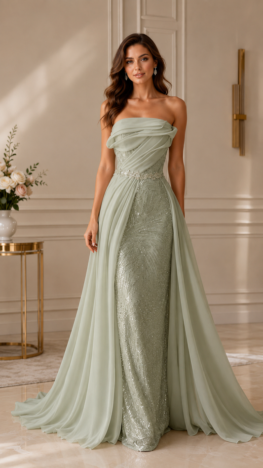 Sage strapless formal gown with softly draped neckline and floor-length chiffon-style overlay