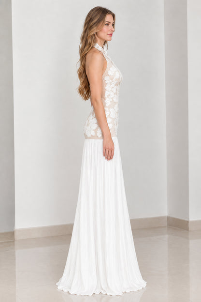 Side profile view of white halter neck formal pleated dress