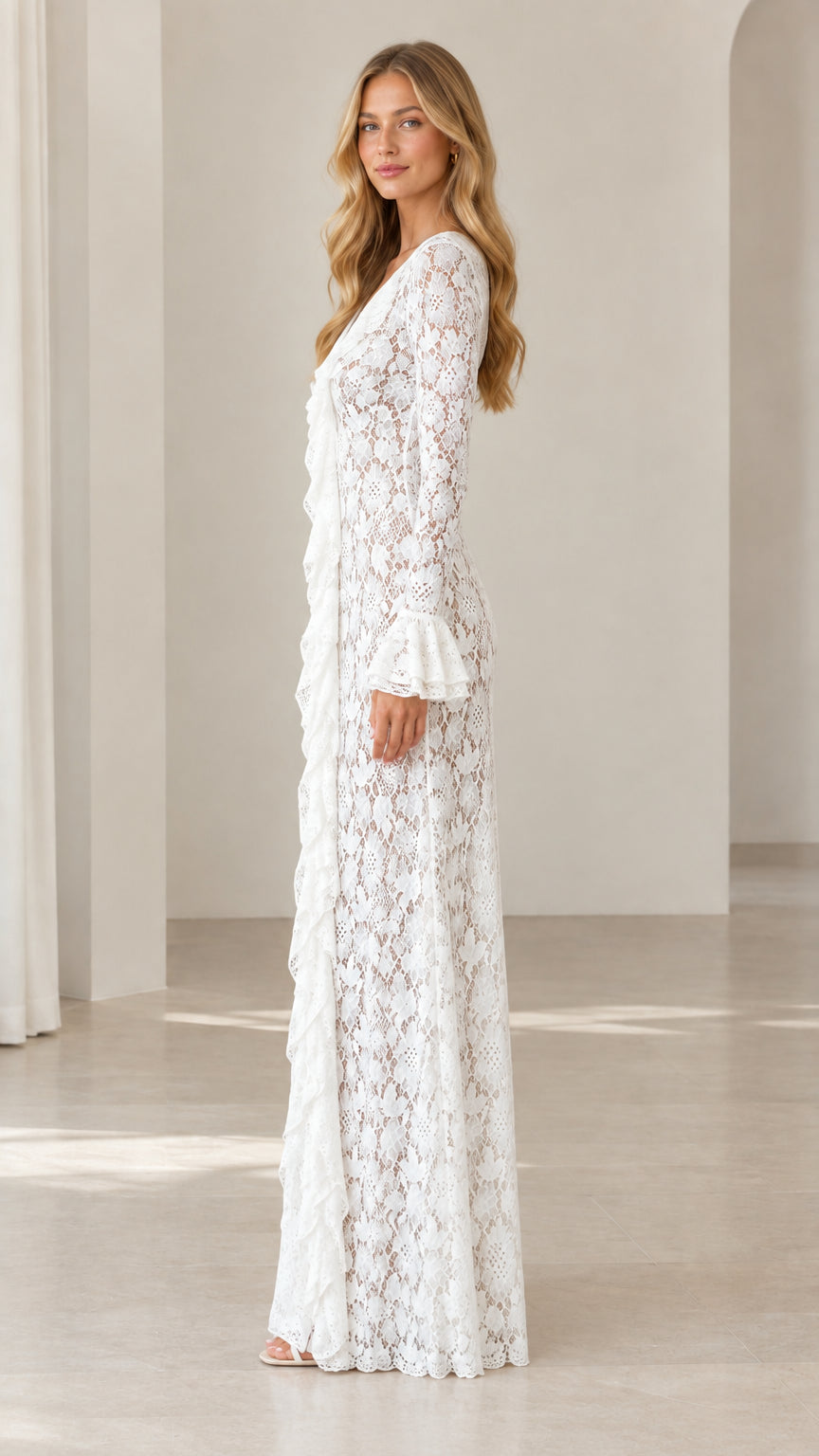 Side profile view of white lace maxi dress with flared sleeves