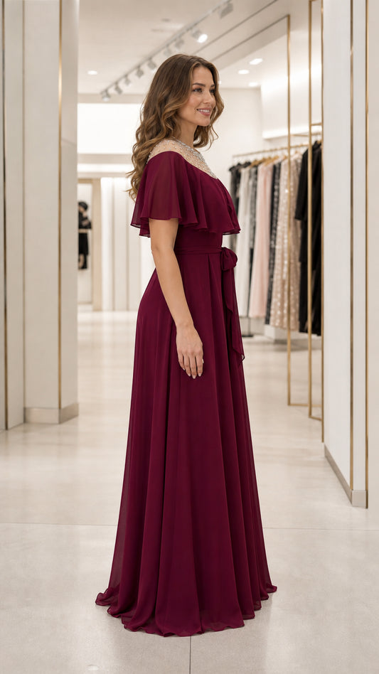 Side profile of burgundy formal maxi dress