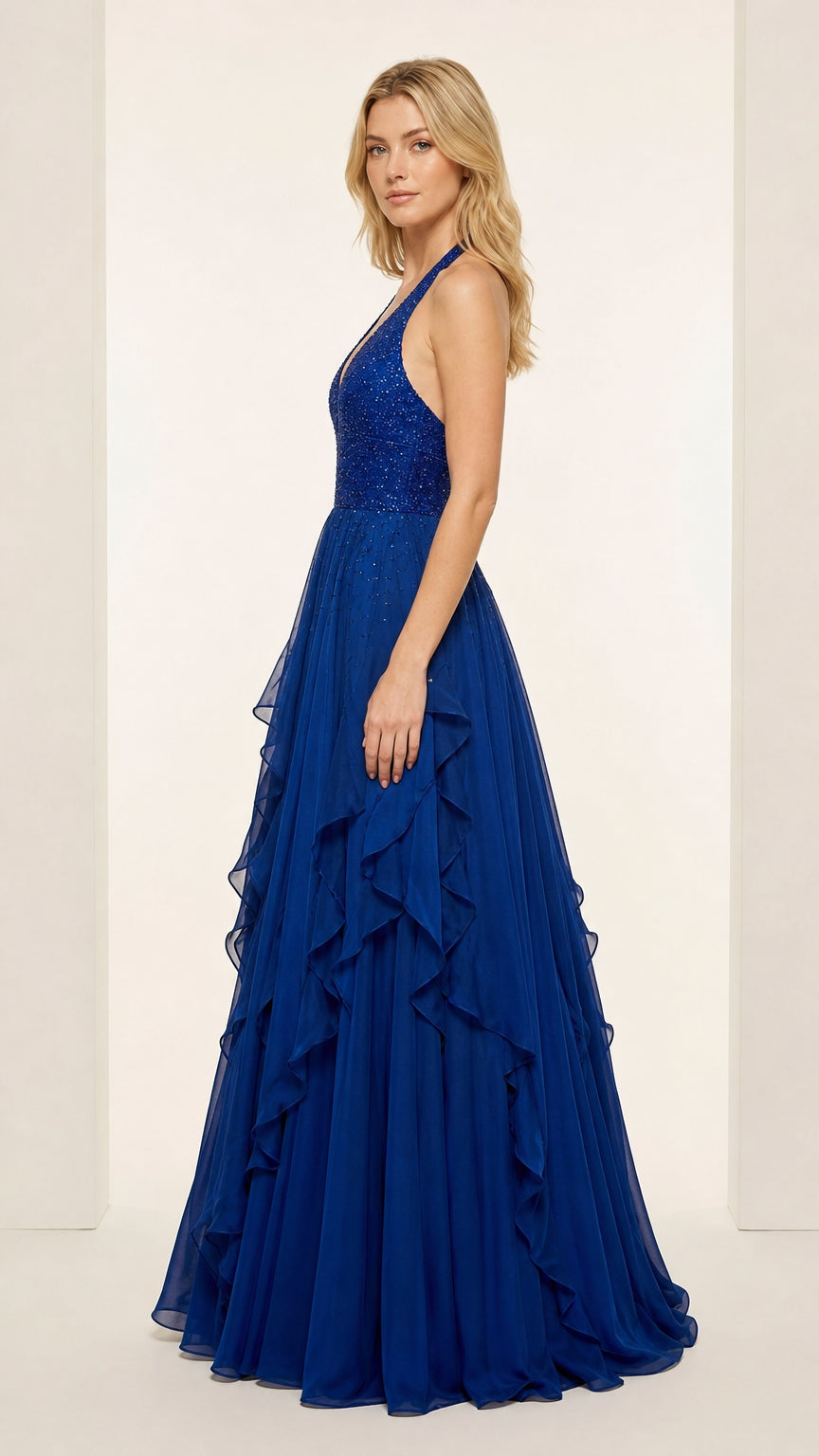 Side angle of Royal Blue tiered ruffle halter formal dress