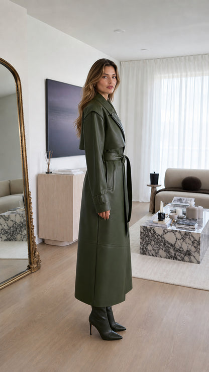 Side profile of woman in olive green faux leather trench coat