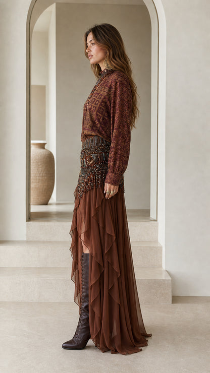 Side profile of model in brown boho matching set