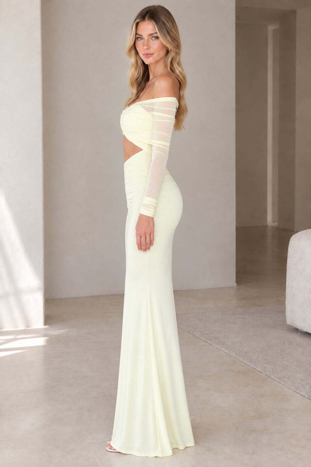 Butter yellow off-the-shoulder cutout long sleeve maxi dress side view