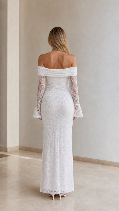 Back view of woman wearing white off-the-shoulder lace maxi column dress