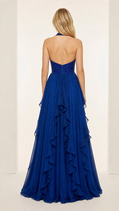 Back view of Royal Blue halter open-back floor-length evening gown