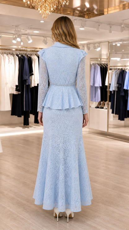 Back view of Light Blue long-sleeve peplum lace skirt set