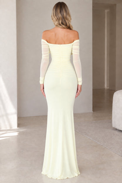 Butter yellow off-the-shoulder cutout long sleeve maxi dress back view