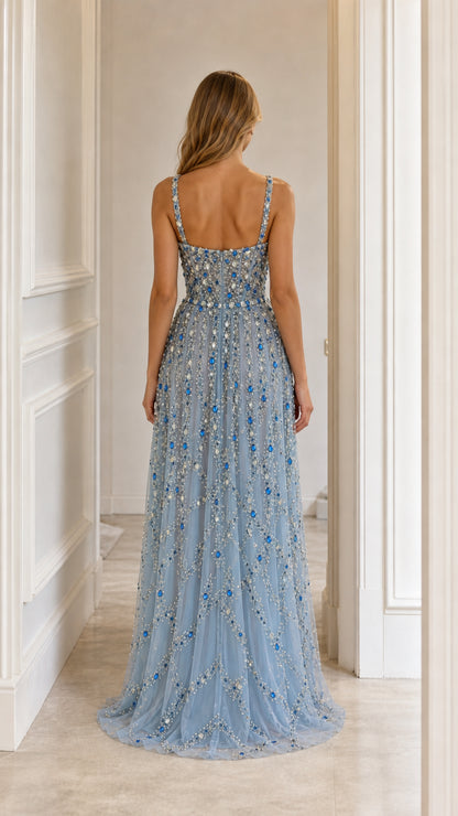 Back view of light blue crystal embellished tulle gown