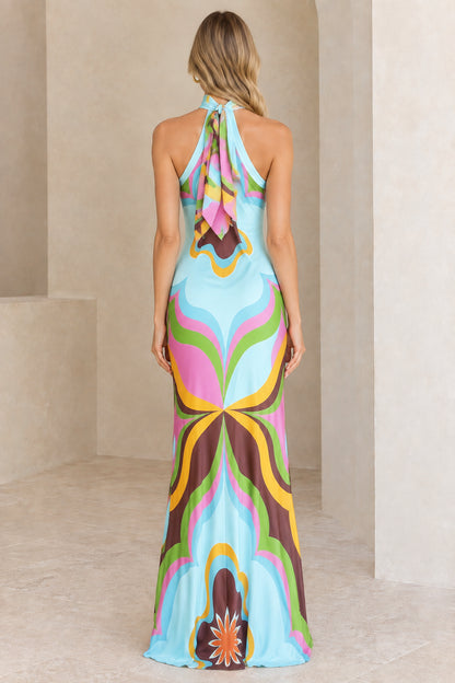 Back view of model in Light Blue halter gown showing self-tie back detail