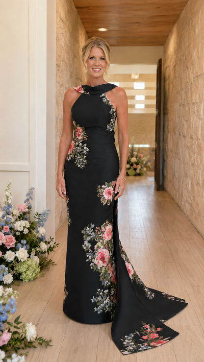 Black floral print halter mermaid gown with sweep train front view