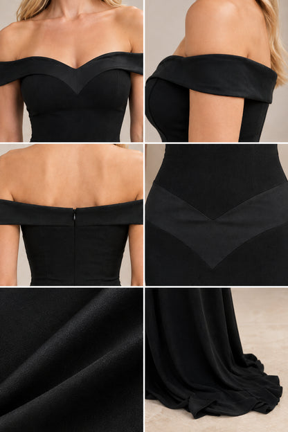 Close-up details of neckline, back, contour waist band, and fabric drape of black gown