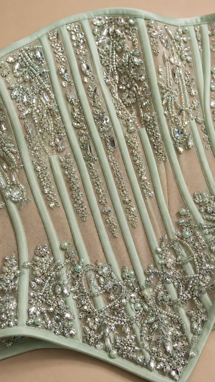 Close-up detail of crystal beadwork and structured boning