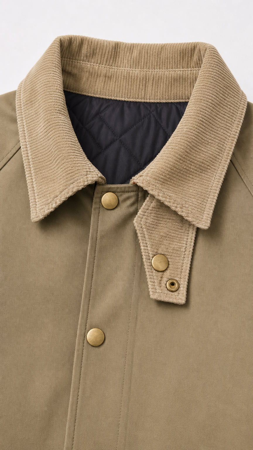 Close-up detail of textured corduroy collar, snap throat latch, and quilted interior