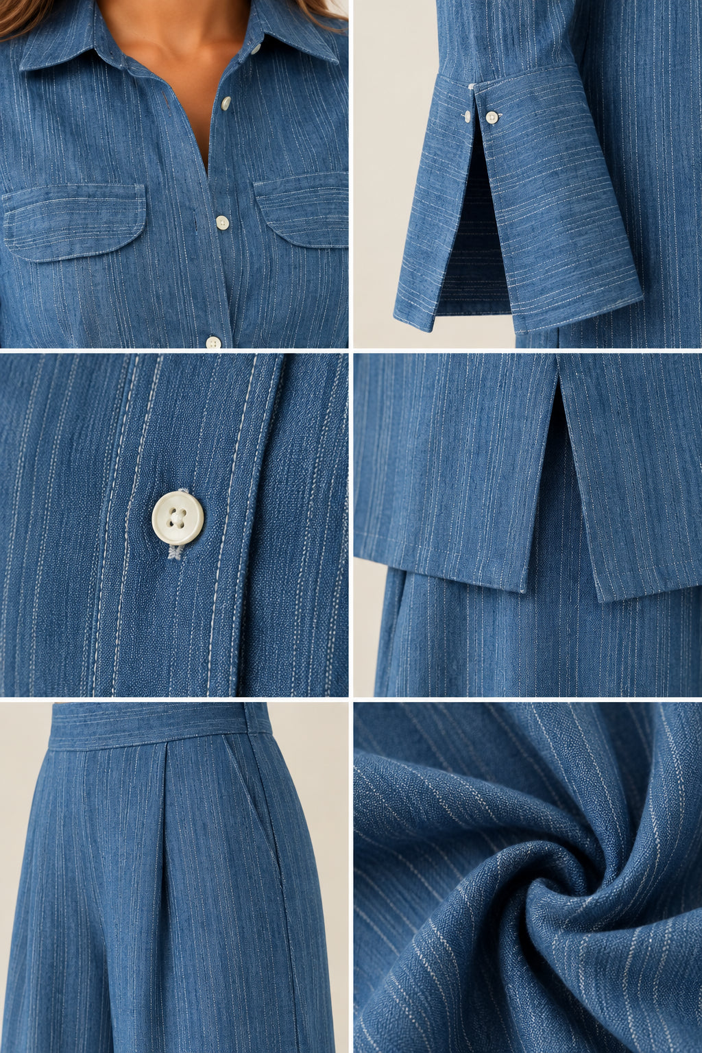 Detailed close-up collage of collar, chest pockets, split cuffs, fabric texture, and pleats