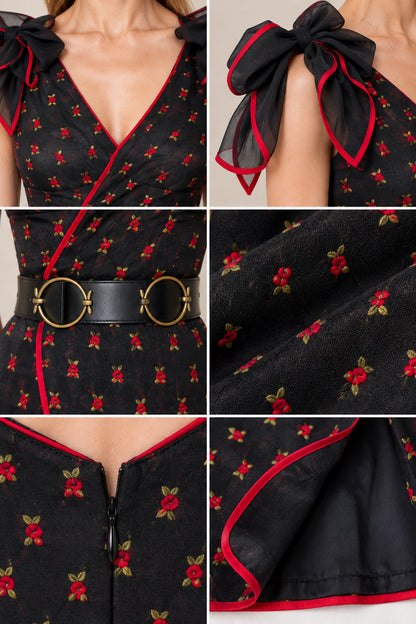 Close-up details of bow shoulders, neckline, belt buckle, zipper, and fabric texture