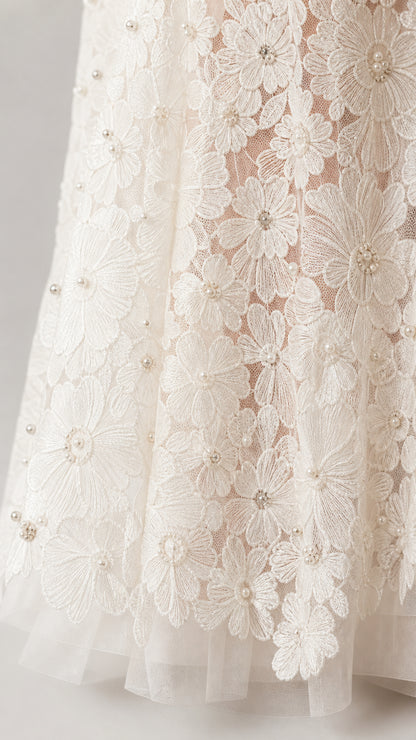 Close-up of floral lace pattern and bead details