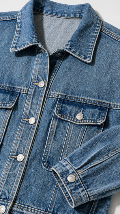 Close-up detail of denim jacket collar, buttons, and utility chest pockets