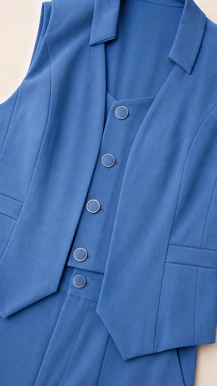 Close-up detail of blue vest buttons and lapel collar