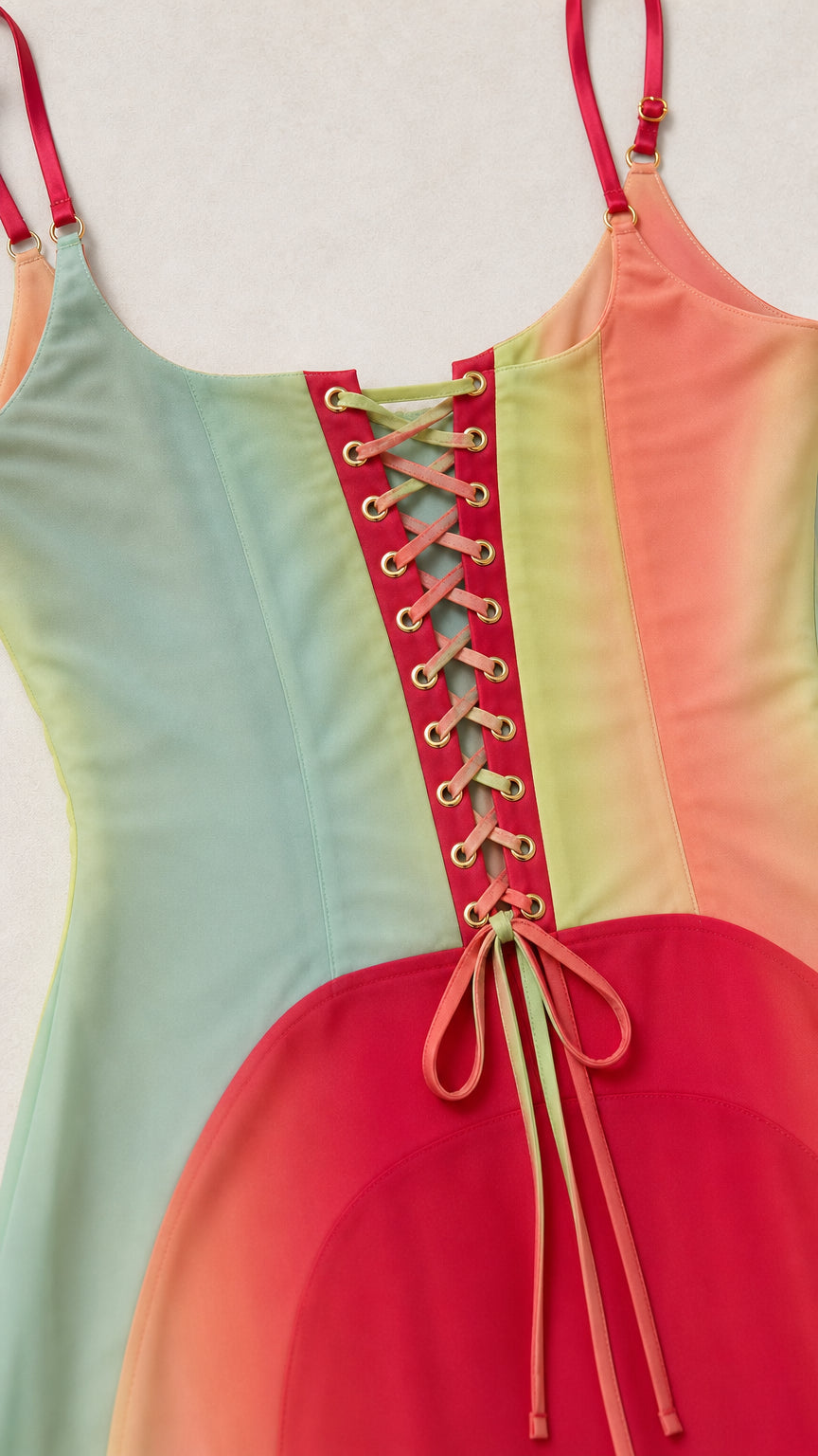 Close-up of the lace-up corset back detail on the dress