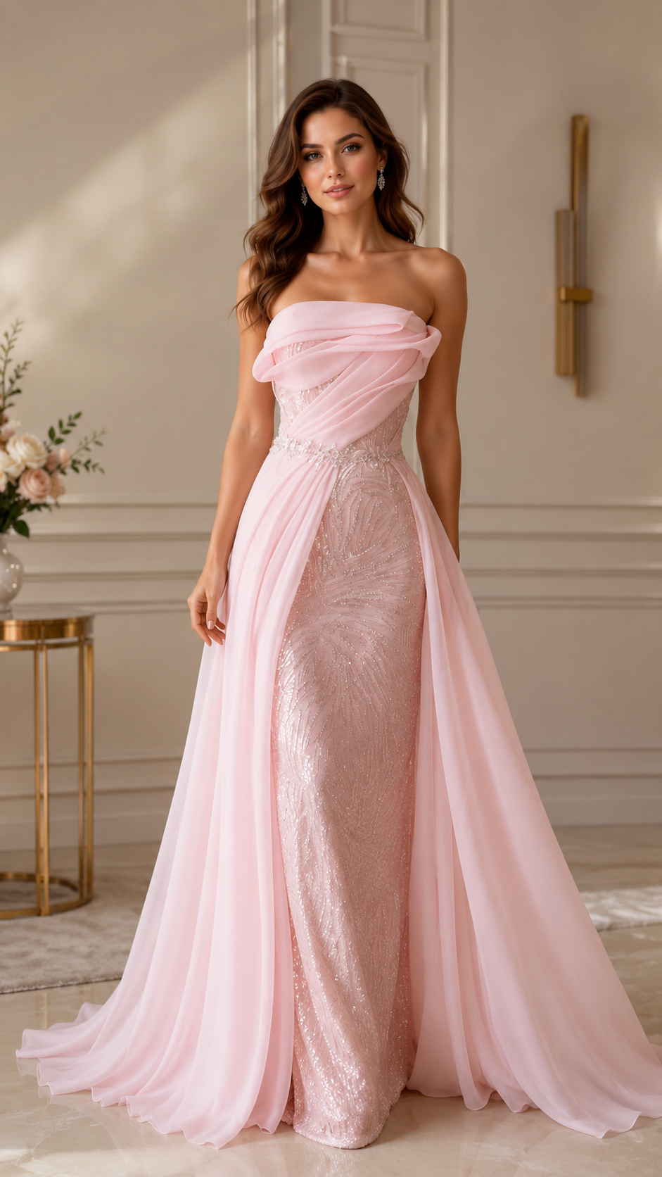 Blush pink full-length gown with shimmering fitted skirt and airy overskirt front view