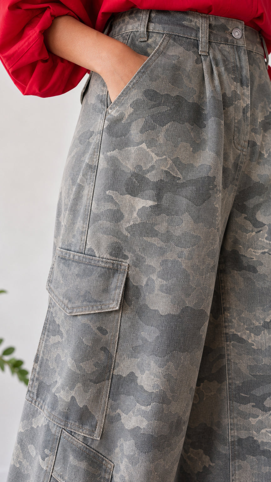Close-up detail of pleated high waist and side cargo flap pocket on grey camo pants