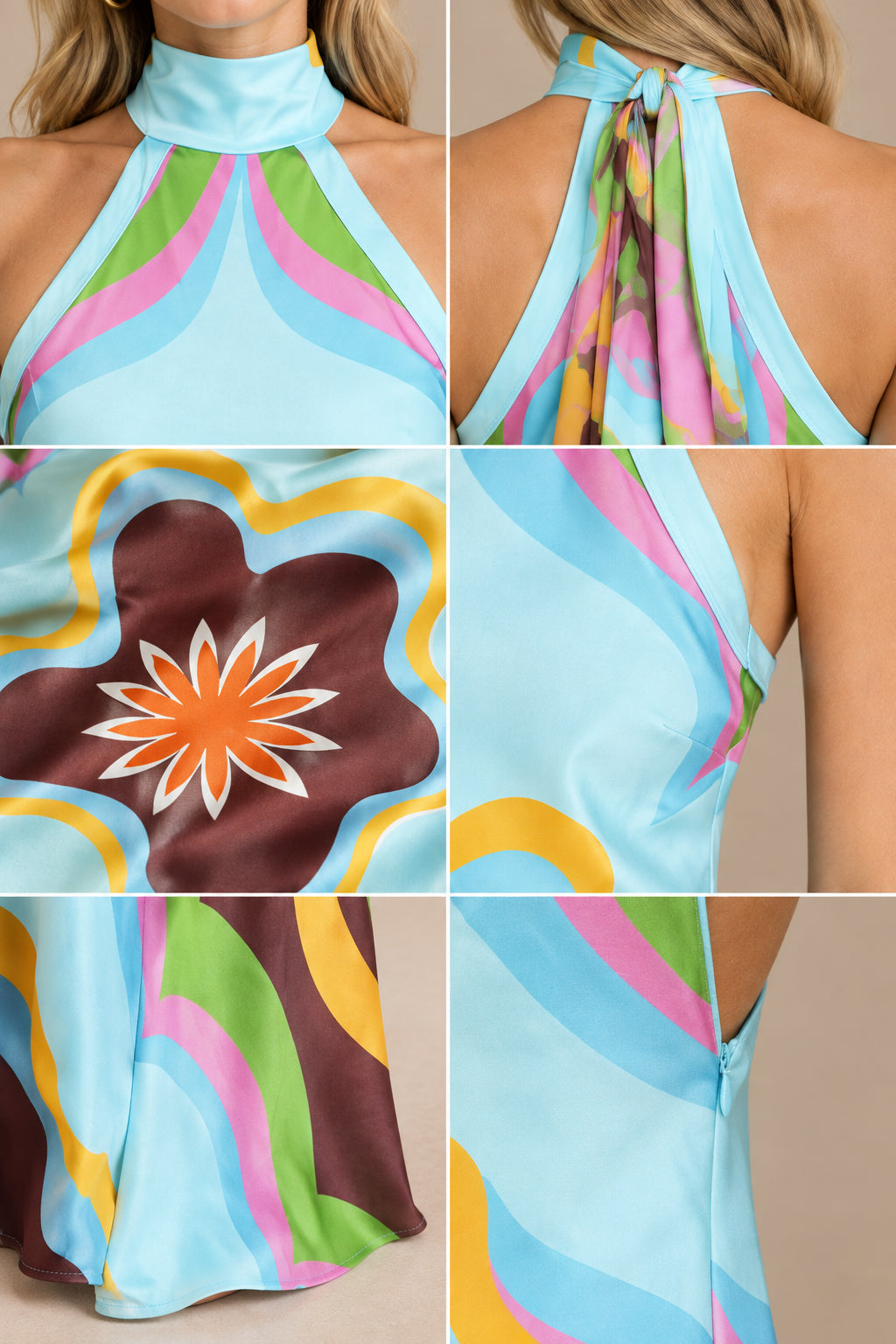 Close-up details of halter neck tie, print graphic, and side zipper